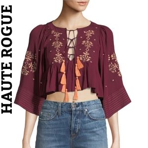 HAUTE ROGUE Lace-Up Flutter-Hem Boho Blouse - M